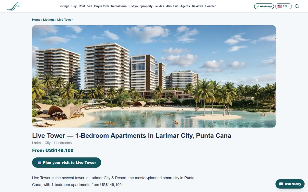 Sonia Realtors: property page (desktop), soniarealtors.com/properties/live-tower-larimar-city